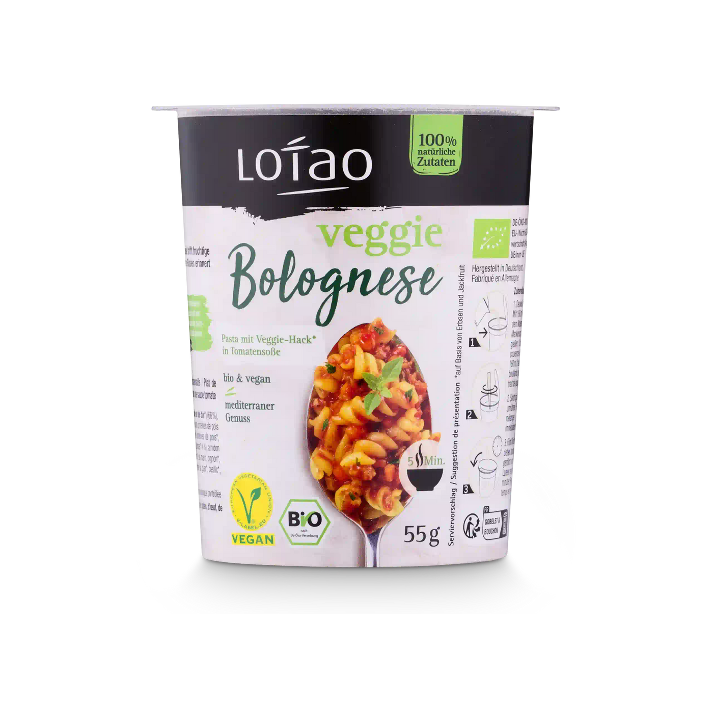 Bio-veganer Jackpot 5-Minuten Terrine von Lotao mit Packung in Geschmack Veggie Bolognese