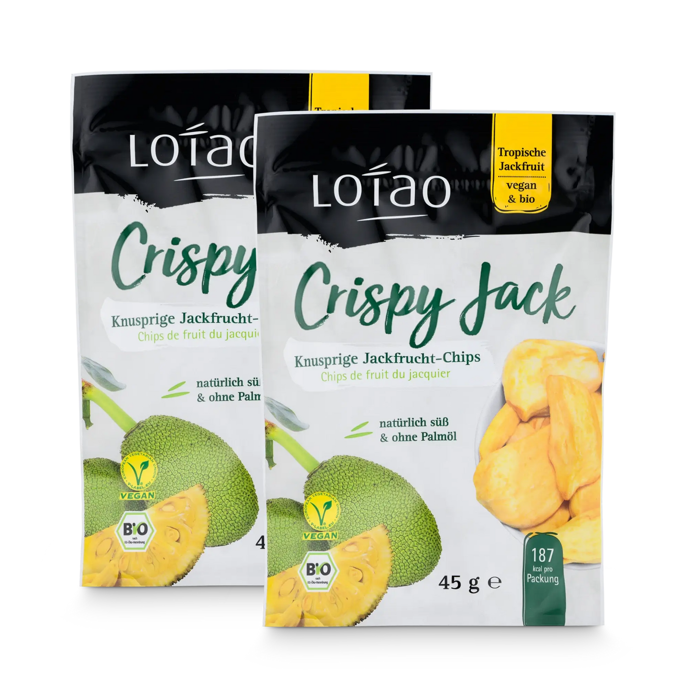 Die bio-veganen Fruchtchips Crispy Jack ohne Palmöl sind im 2x45g Set erhältlich