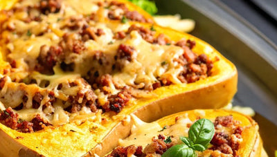Spaghetti-Kürbis mit veganer Bolognese