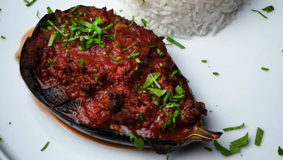 Baked eggplant with veggie mince