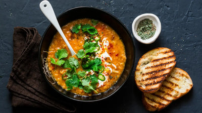 Vegan red lentil coconut soup with veggie mince