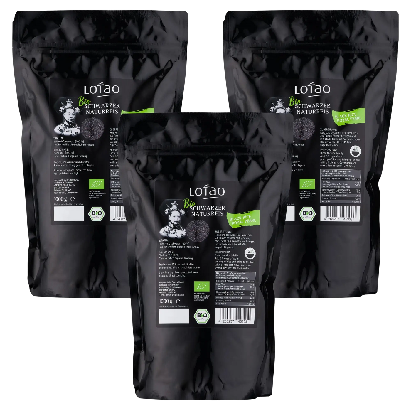Freisteller vom BIO-Premium Schwarzen Reis Royal Black Pearl von Lotao im 3x1kg Vorratsset