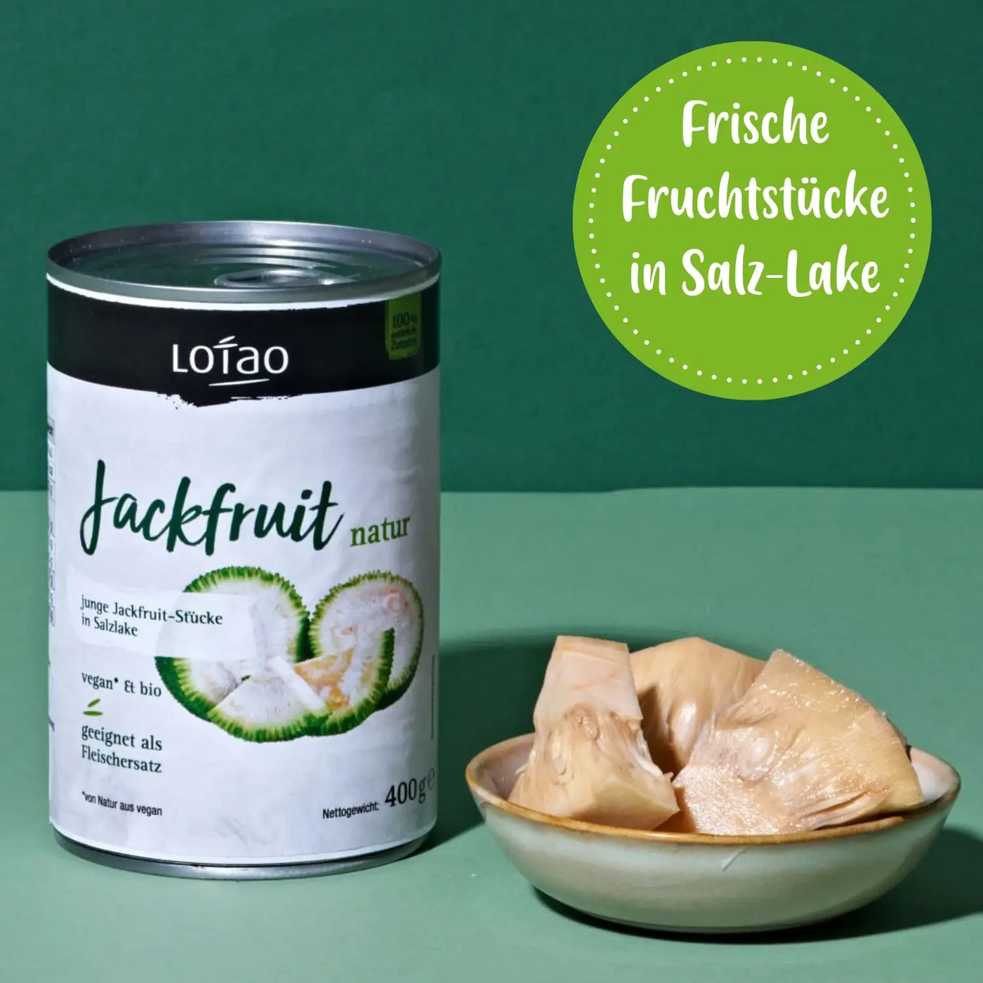 Die Lotao BIO Jackfruit Dose enthält frische und hochwertige Fruchtstücke in Salz-Lake