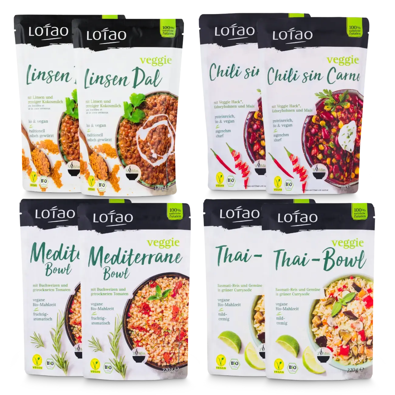 Packshot der Lotao Bowl Box mit 8 Einheiten von bio-veganen Fertiggerichten für den schnellen und einfachen Genuss