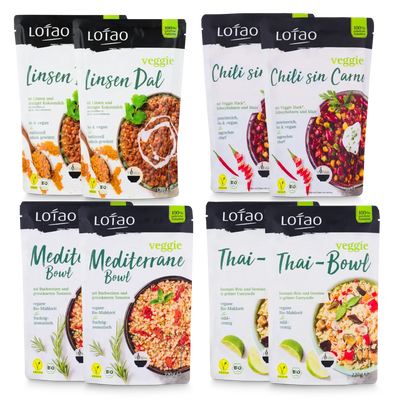 Packshot der Lotao Bowl Box mit 8 Einheiten von bio-veganen Fertiggerichten für den schnellen und einfachen Genuss