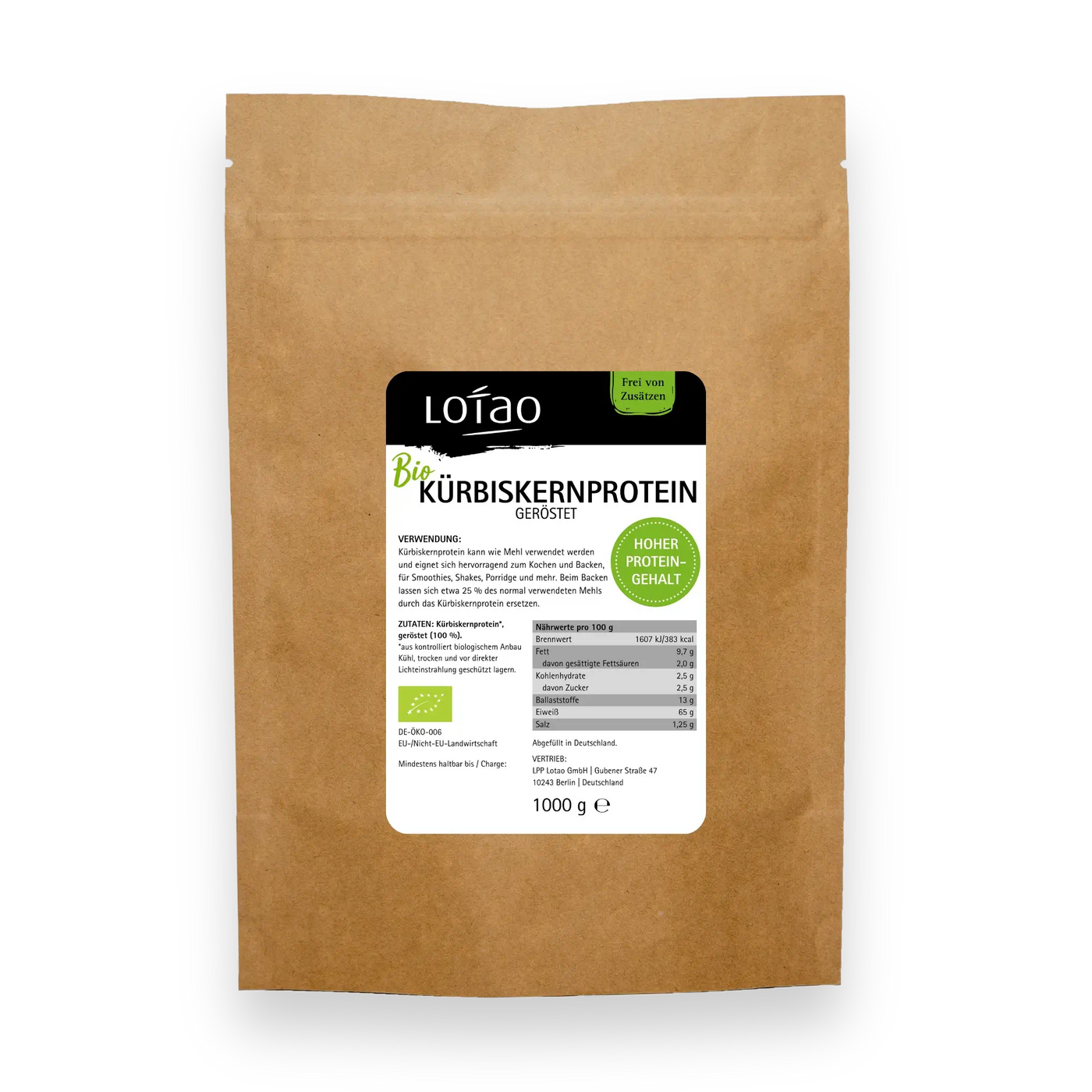 Veganes BIO Proteinpulver aus gerösteten Kürbiskernen von Lotao im praktischen 1kg Großgebinde