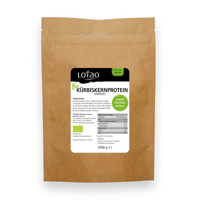 Veganes BIO Proteinpulver aus gerösteten Kürbiskernen von Lotao im praktischen 1kg Großgebinde