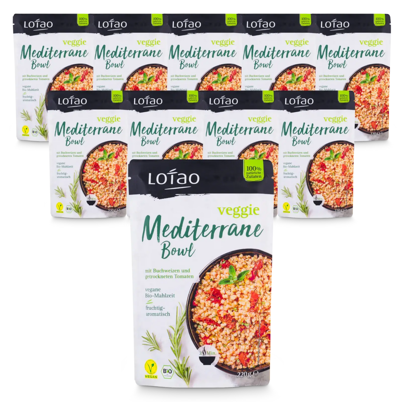 Packshot vom 10er Sparpaket Set der Lotao Veggie Mediterranen Bowl, einem bio-veganen Fertiggericht mit Buchweizen und getrockneten als vegane Bio-Mahlzeit