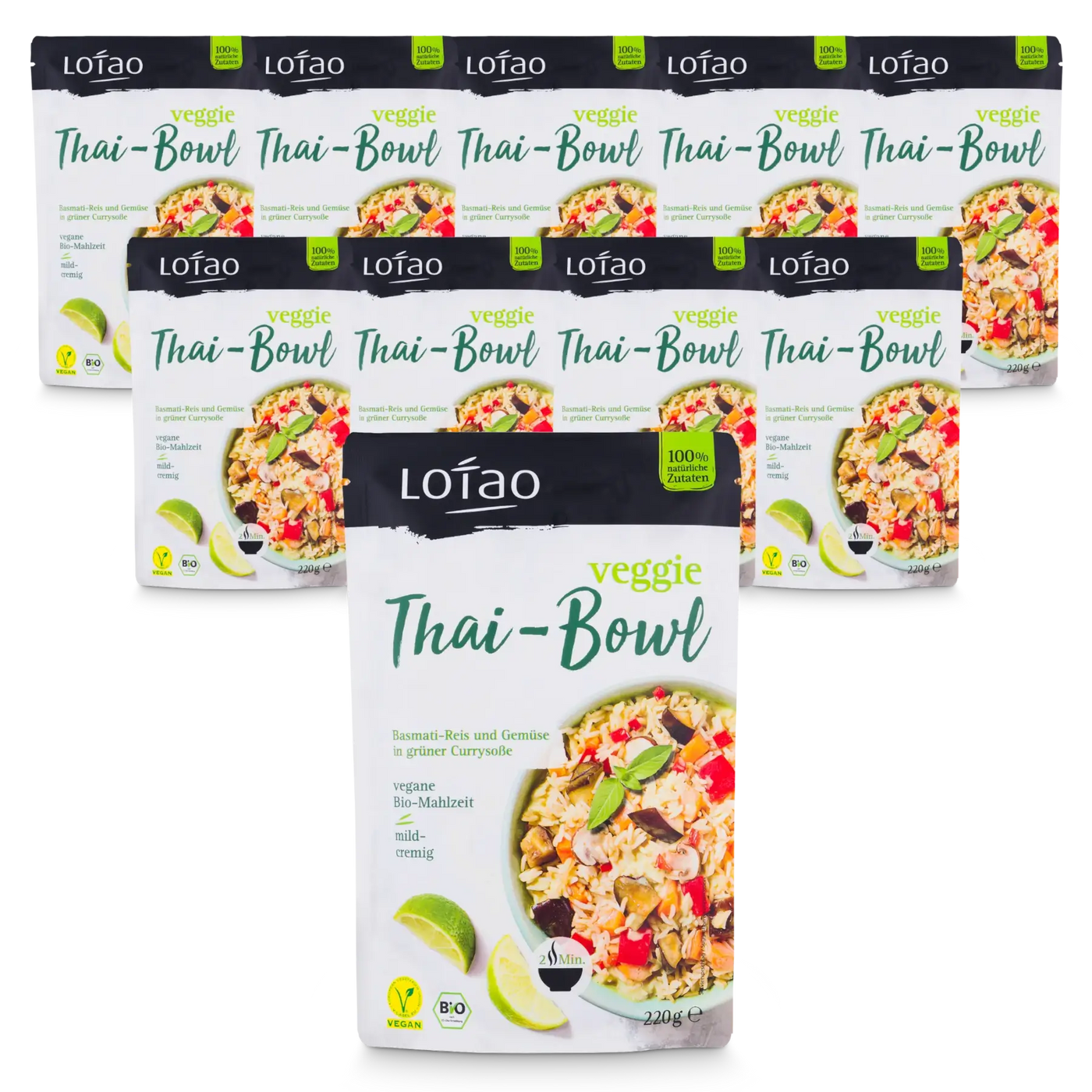 Packshot vom 10er Sparpaket Set der Lotao Veggie Thai Bowl, einem bio-veganen Fertiggericht mit Basmatireis und Gemüse in grüner Currysauce als vegane Bio-Mahlzeit