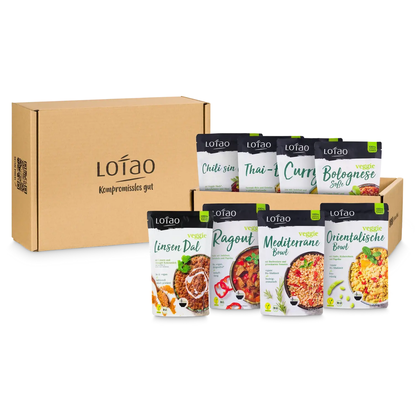Packshot der Genussbox von Lotao mit 8 bio-veganen Gerichten für den schnellen und einfachen Genuss