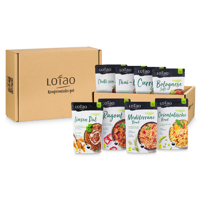 Packshot der Genussbox von Lotao mit 8 bio-veganen Gerichten für den schnellen und einfachen Genuss