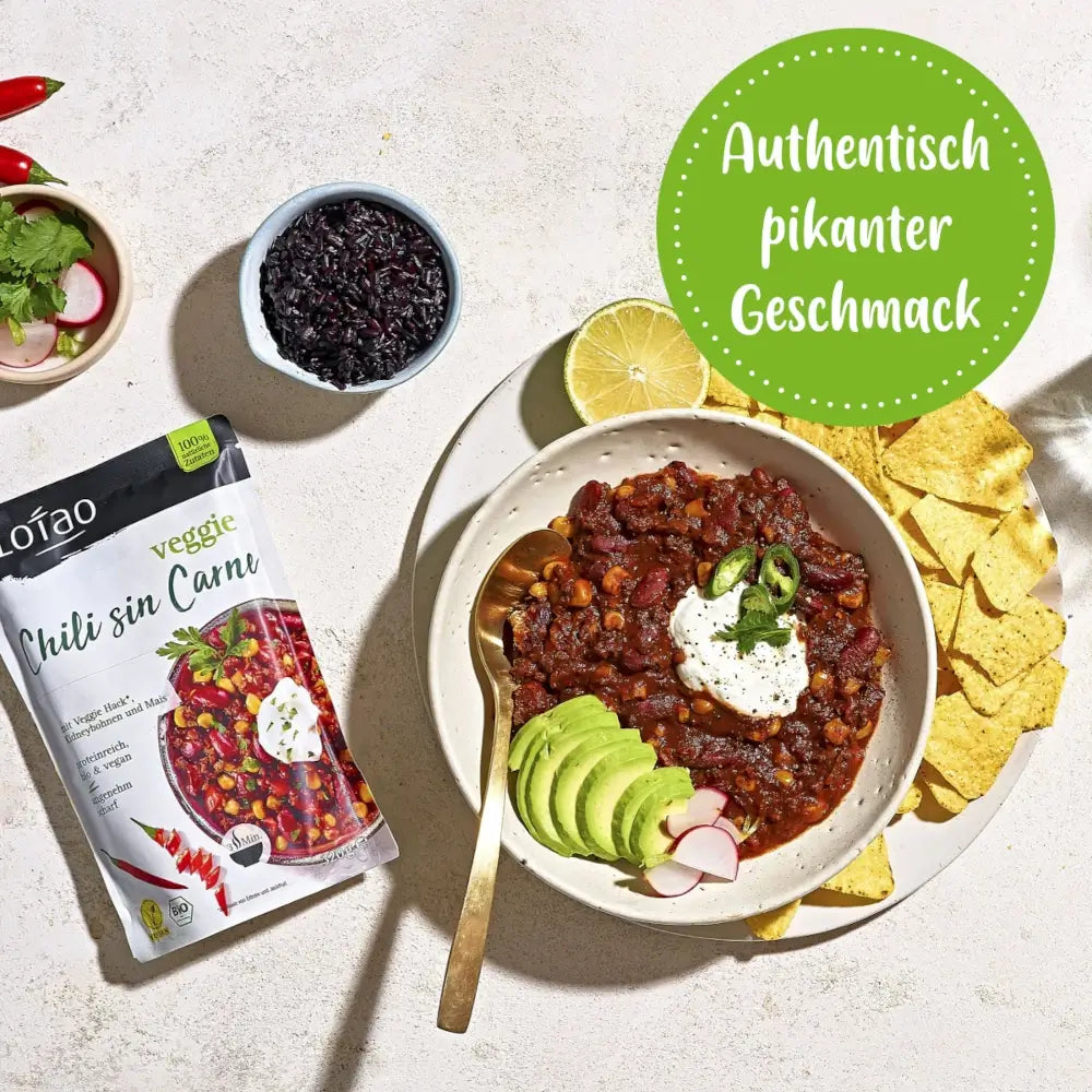 Veggie Chili sin Carne als veganes Fertiggericht von Lotao überzeugt mit authentischem Geschmack