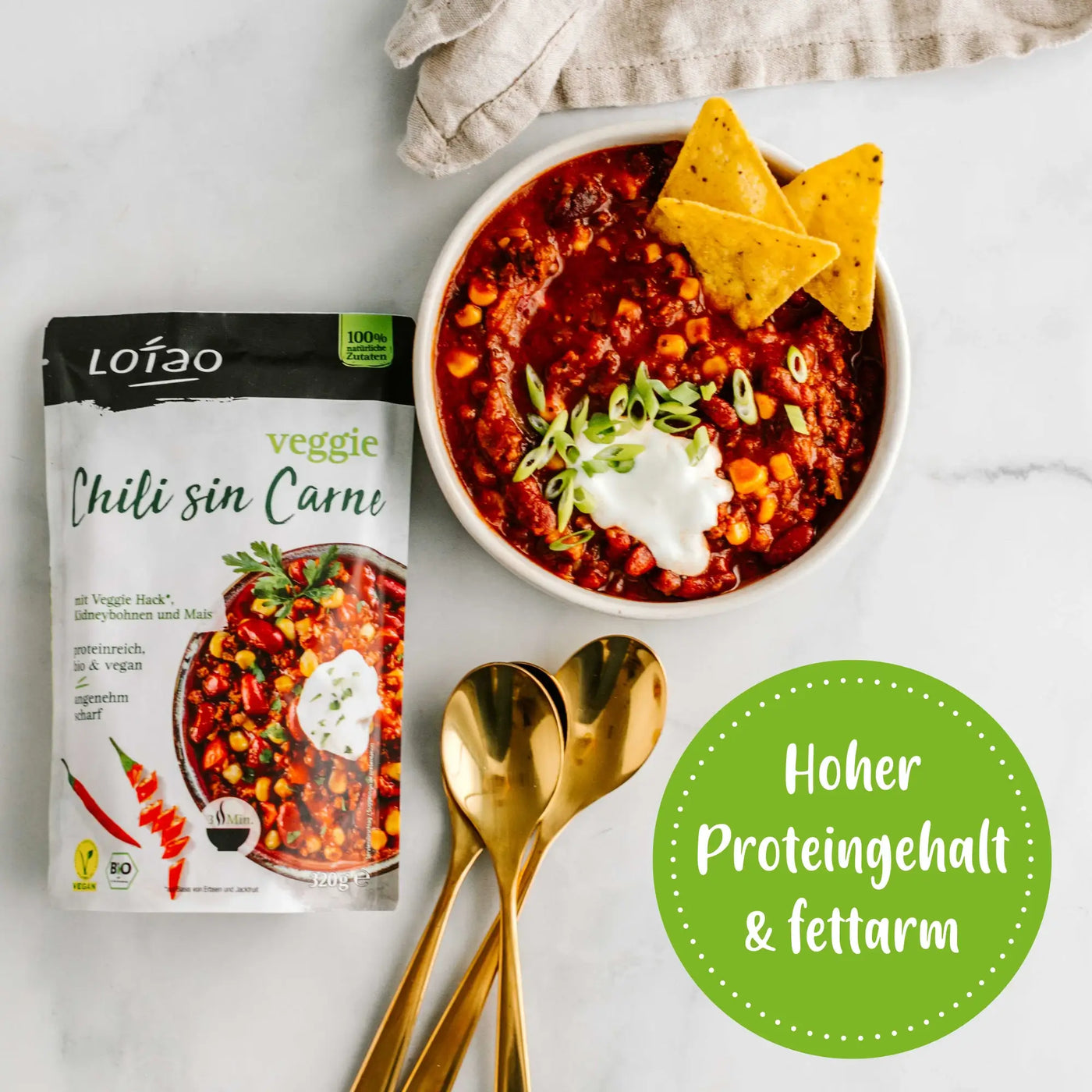 Veggie Chili sin Carne als veganes Fertiggericht von Lotao mit hohem Proteingehalt und fettarmer Rezeptur