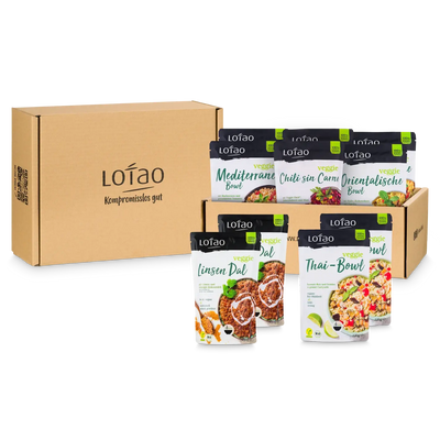 Packshot der Lotao Bowl Box mit 10 Einheiten von bio-veganen Fertiggerichten für den schnellen und einfachen Genuss