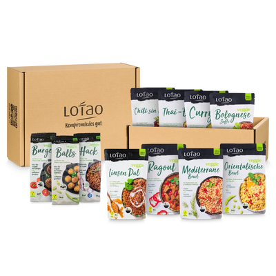Packshot der Lotao Kennenlernbox mit 9 bio-veganen Fertiggerichten oder Fleischalternativen für den schnellen und einfachen Genuss