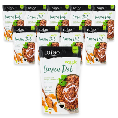 Front Packshot 10er Set vom bio-veganen Fertiggericht Linsen Dal von Lotao