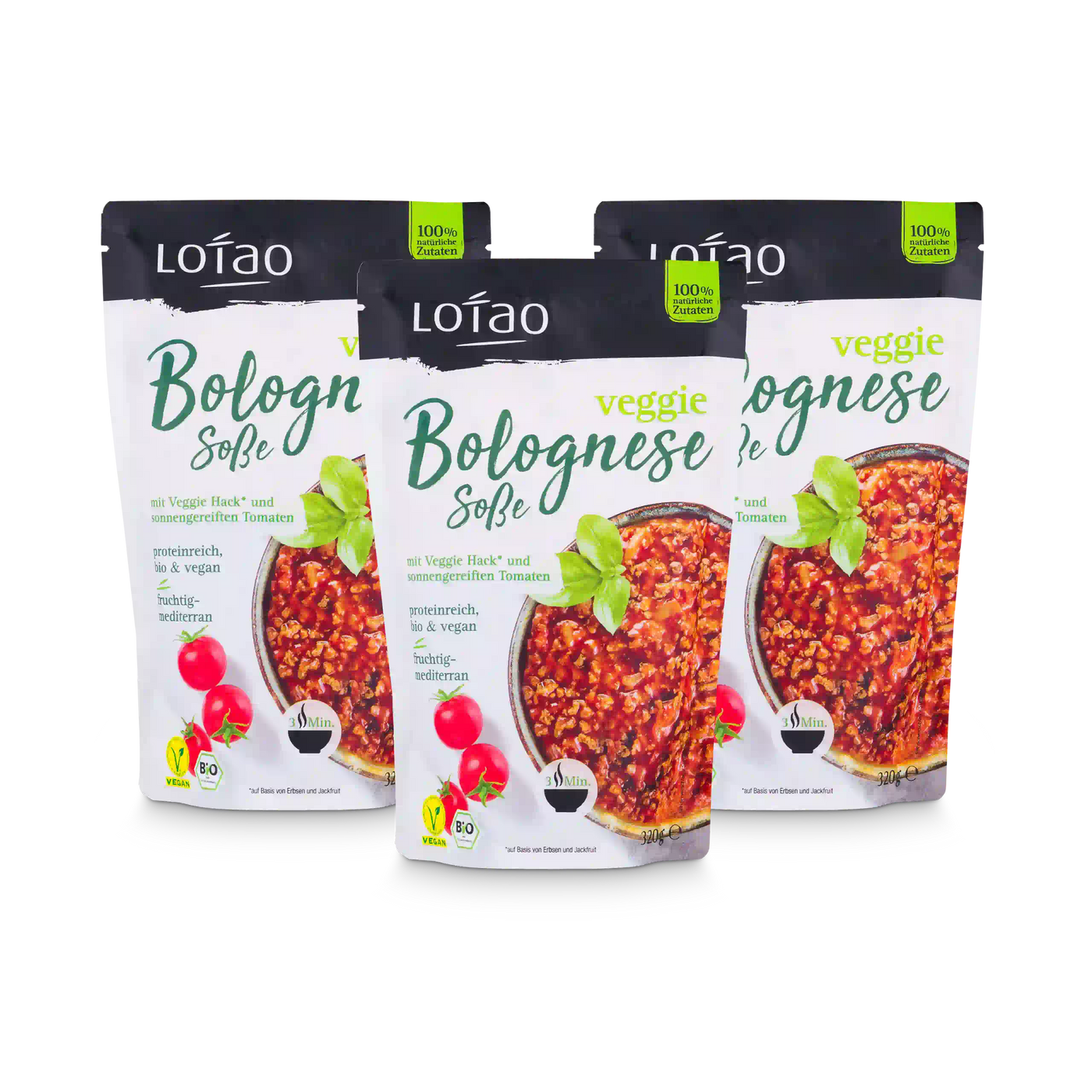 Veggie Bolognese Soße von Lotao ist bio, vegan. lecker und proteinreich, hier im 3er Set