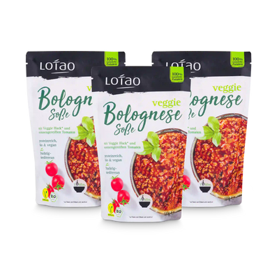 Veggie Bolognese Soße von Lotao ist bio, vegan. lecker und proteinreich, hier im 3er Set