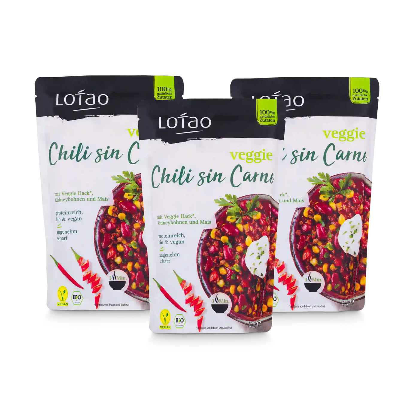 Packshot vom 3er Set der Lotao Veggie Chili sin Carne Bowl, einem bio-veganen Fertiggericht mit Lotao Veggie Hack, Kidneybohnen und Mais als vegane Bio-Mahlzeit