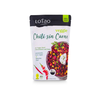 Packshot der Lotao Veggie Chili sin Carne Bowl, einem bio-veganen Fertiggericht mit Lotao Veggie Hack, Kidneybohnen und Mais als vegane Bio-Mahlzeit