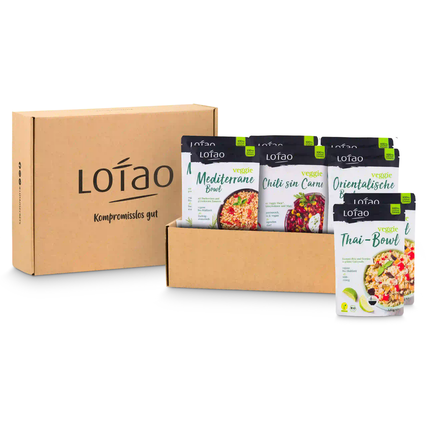 Packshot der Lotao Bowl Box mit 8 Einheiten von bio-veganen Fertiggerichten für den schnellen und einfachen Genuss