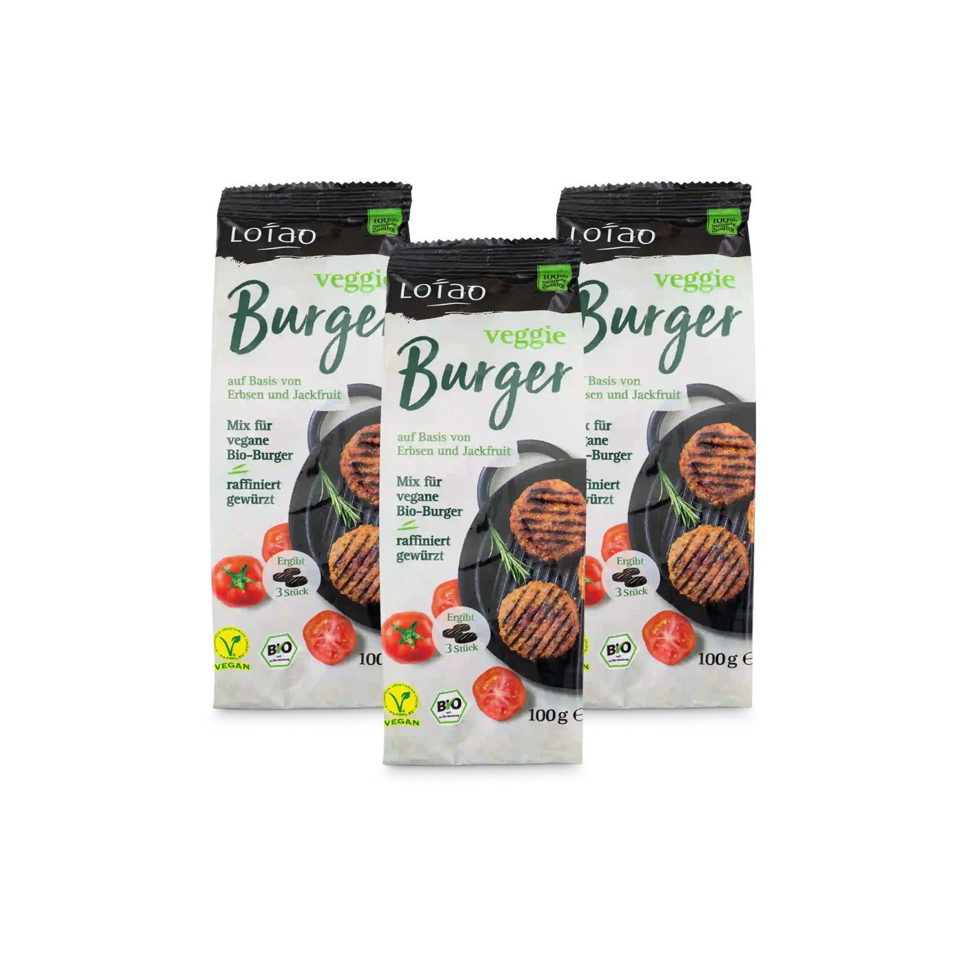 Lotao Veggie Burger Mix für vegane Bio-Burger, Packshot 3er Set