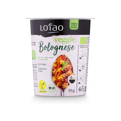 Bio-veganer Jackpot 5-Minuten Terrine von Lotao mit Packung in Geschmack Veggie Bolognese