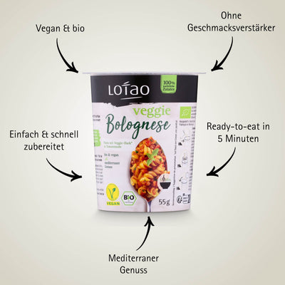 Der Lotao Veggie Bolognese Jackpot ist vegan, bio, ohne Geschmacksverstärker, in 5 Minuten fertig zum Essen, Einfach und schnell zubereitet und ein mediterraner Genuss