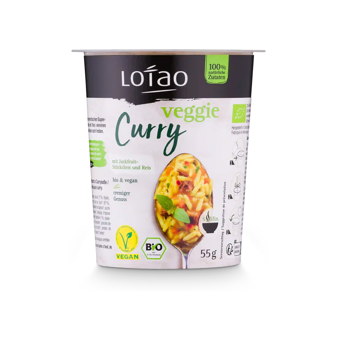 Bio-veganer Jackpot 5-Minuten Terrine von Lotao mit Packung in Geschmack Veggie Curry