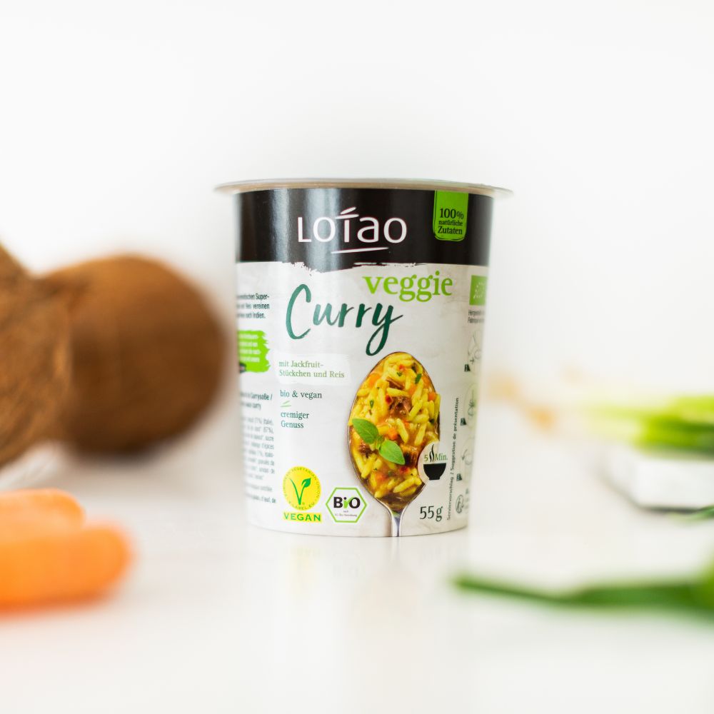 Bio-veganer Jackpot 5-Minuten Terrine von Lotao Packung mit Zutaten in Geschmack Veggie Curry Reis