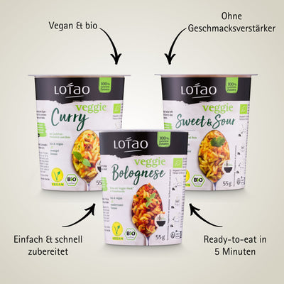 Die bio-veganen Jackpots von Lotao sind in 5 Minuten zubereitet und ohne Geschmacksverstärker in 3 Sorten erhältlich