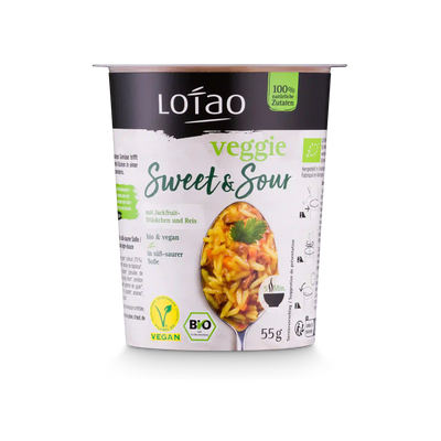Bio-veganer Jackpot 5-Minuten Terrine von Lotao mit Packung in Geschmack Veggie Süß Sauer Reis