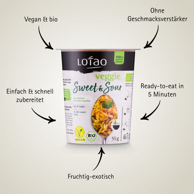 Das Lotao Veggie Reisgericht Sweet & Sour ist vegan, in Bio-Qualität und ohne Geschmacksverstärker hergestellt, lässt sich in 5 Minuten einfach und schnell vorbereiten und schmeckt fruchtig-exotisch.