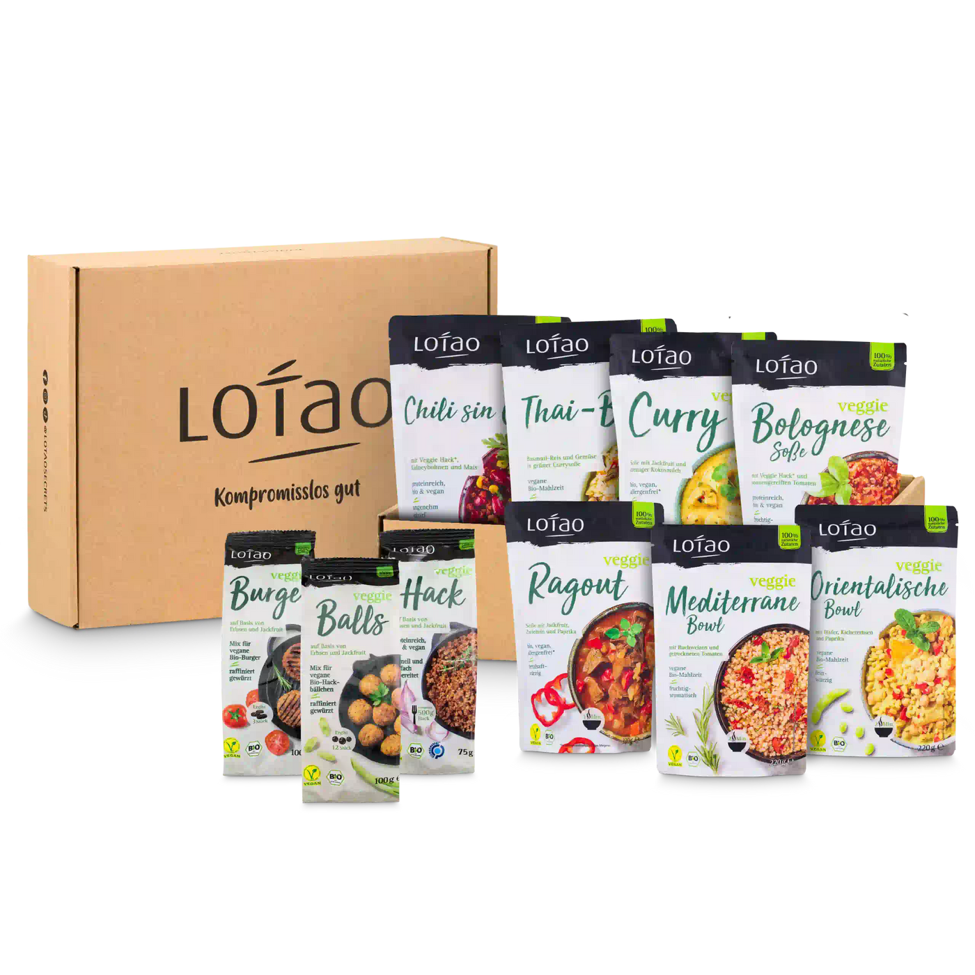 Packshot der Lotao Kennenlernbox mit 9 bio-veganen Fertiggerichten oder Fleischalternativen für den schnellen und einfachen Genuss