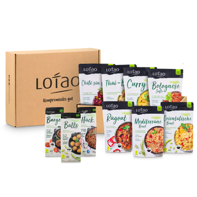 Packshot der Lotao Kennenlernbox mit 9 bio-veganen Fertiggerichten oder Fleischalternativen für den schnellen und einfachen Genuss