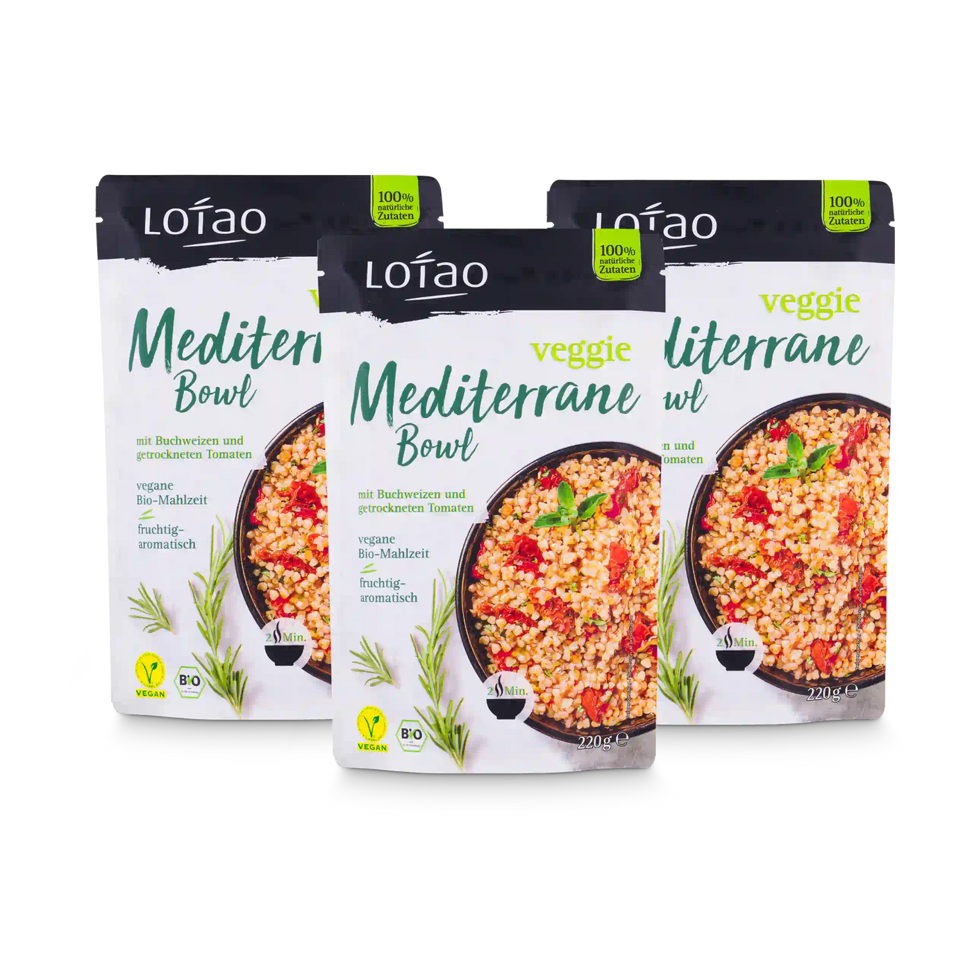 Packshot vom 3er Set der Lotao Veggie Mediterranen Bowl, einem bio-veganen Fertiggericht mit Buchweizen und getrockneten als vegane Bio-Mahlzeit