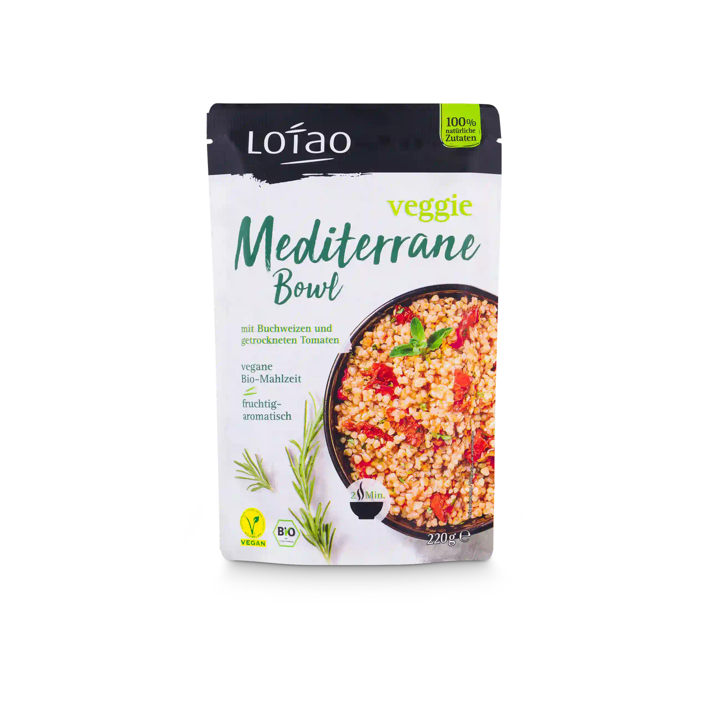 Packshot der Lotao Veggie Mediterranen Bowl, einem bio-veganen Fertiggericht mit Buchweizen und getrockneten als vegane Bio-Mahlzeit