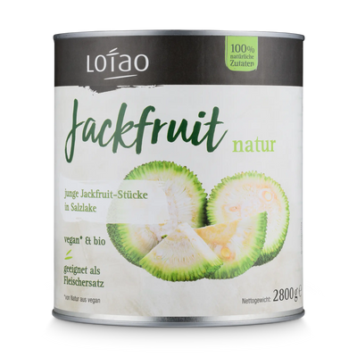 Großgebinde Dose der Jungen Jackfruit in Stücken in Salzlake von Lotao, der natürliche und vegane Fleischersatz in Bio-Qualität