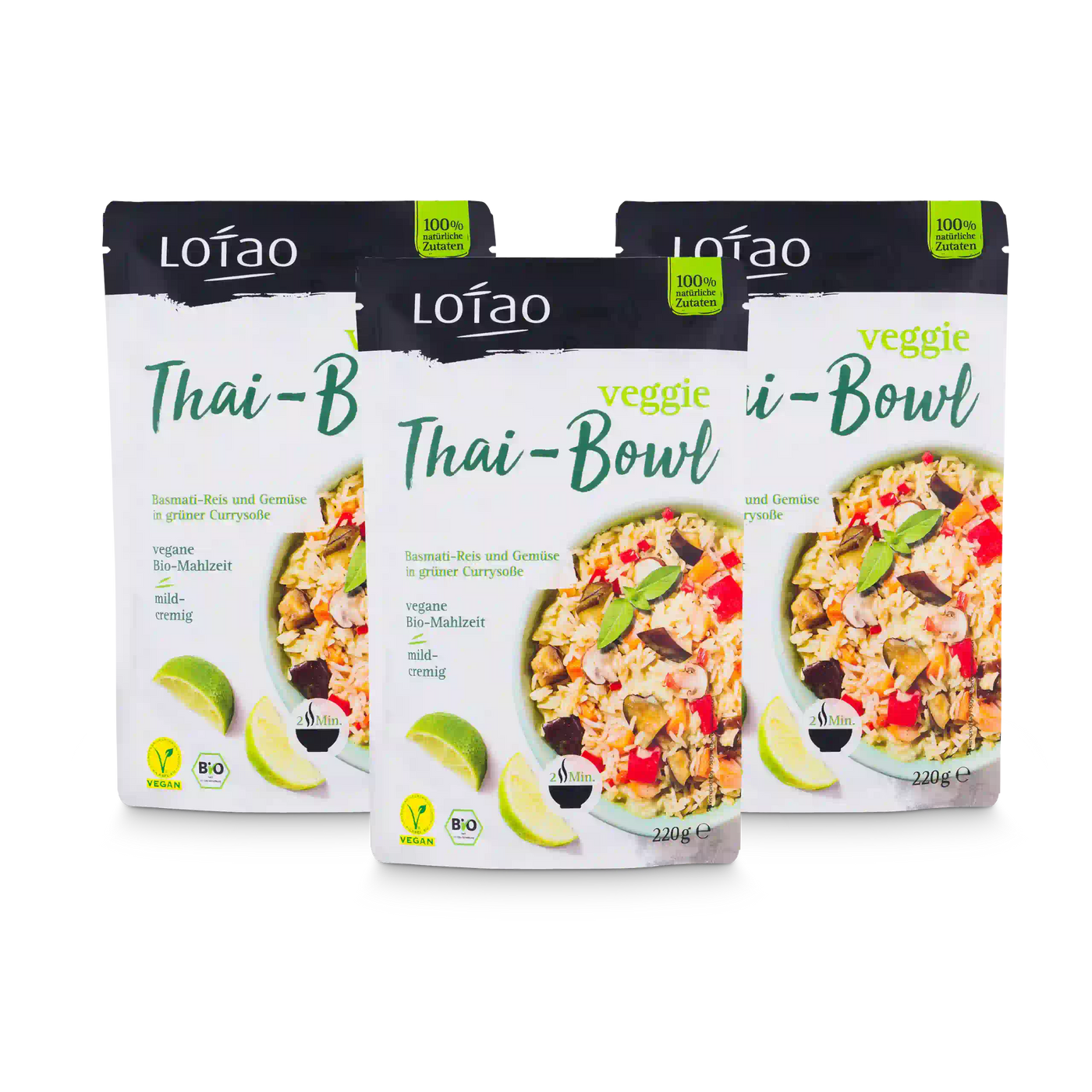 Packshot vom 3er Set der Lotao Veggie Thai Bowl, einem bio-veganen Fertiggericht mit Basmatireis und Gemüse in grüner Currysauce als vegane Bio-Mahlzeit