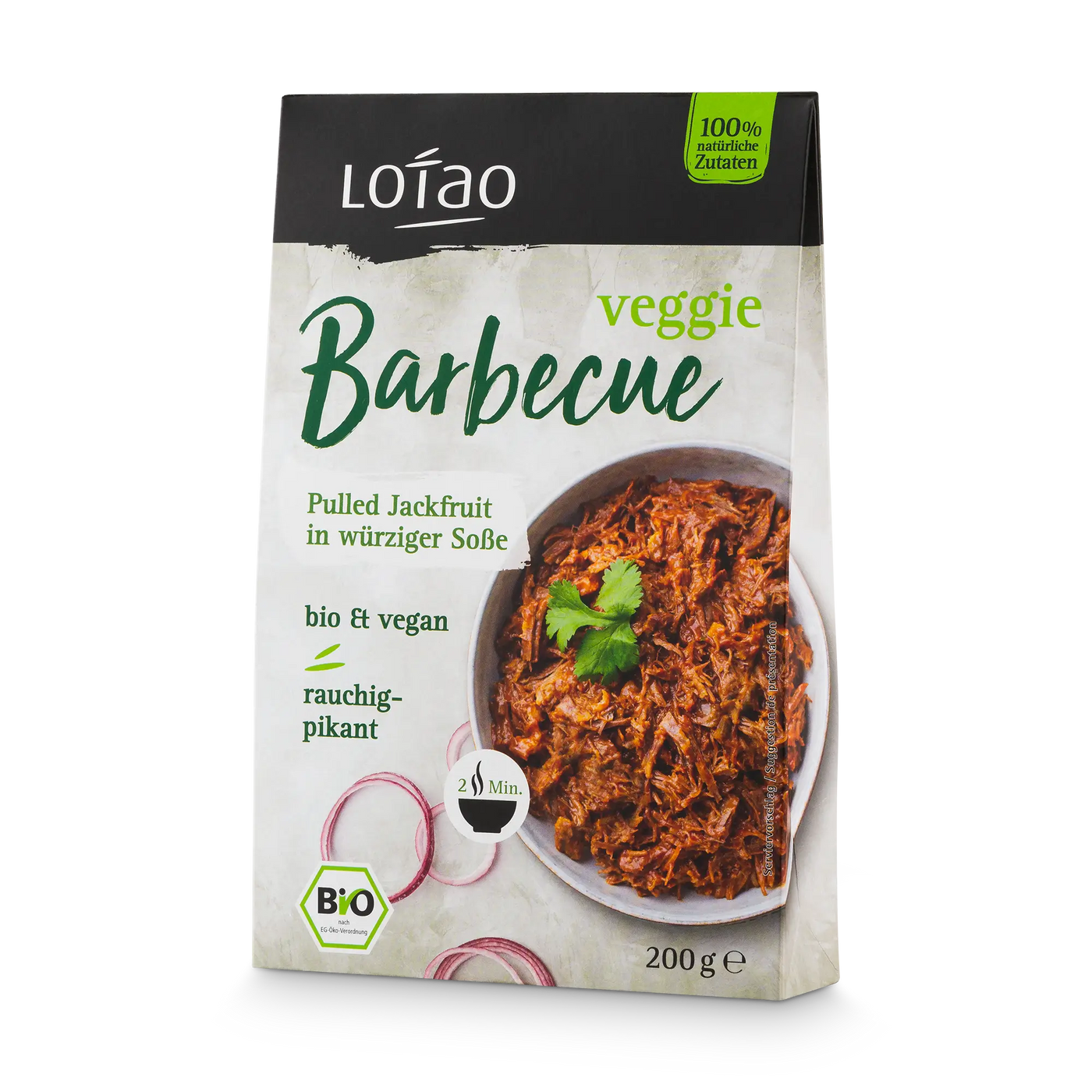 Das Lotao Veggie Barbecue ist Pulled Jackfruit in würziger Sauce. Der bio-vegane Fleischersatz schmeckt rauchig pikant und ist im 200g Paket erhältlich.