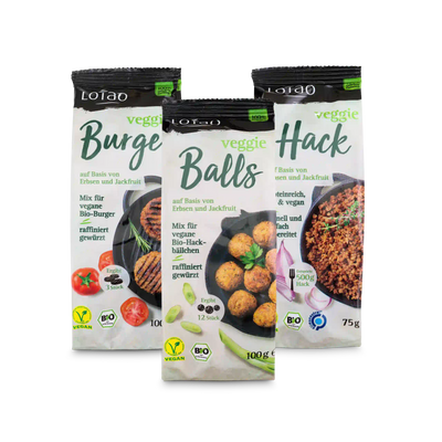 Lotao Veggie Hack Kennenlern-Set mit 3 veganen Fleischalternativen: Burger, Balls und Hack