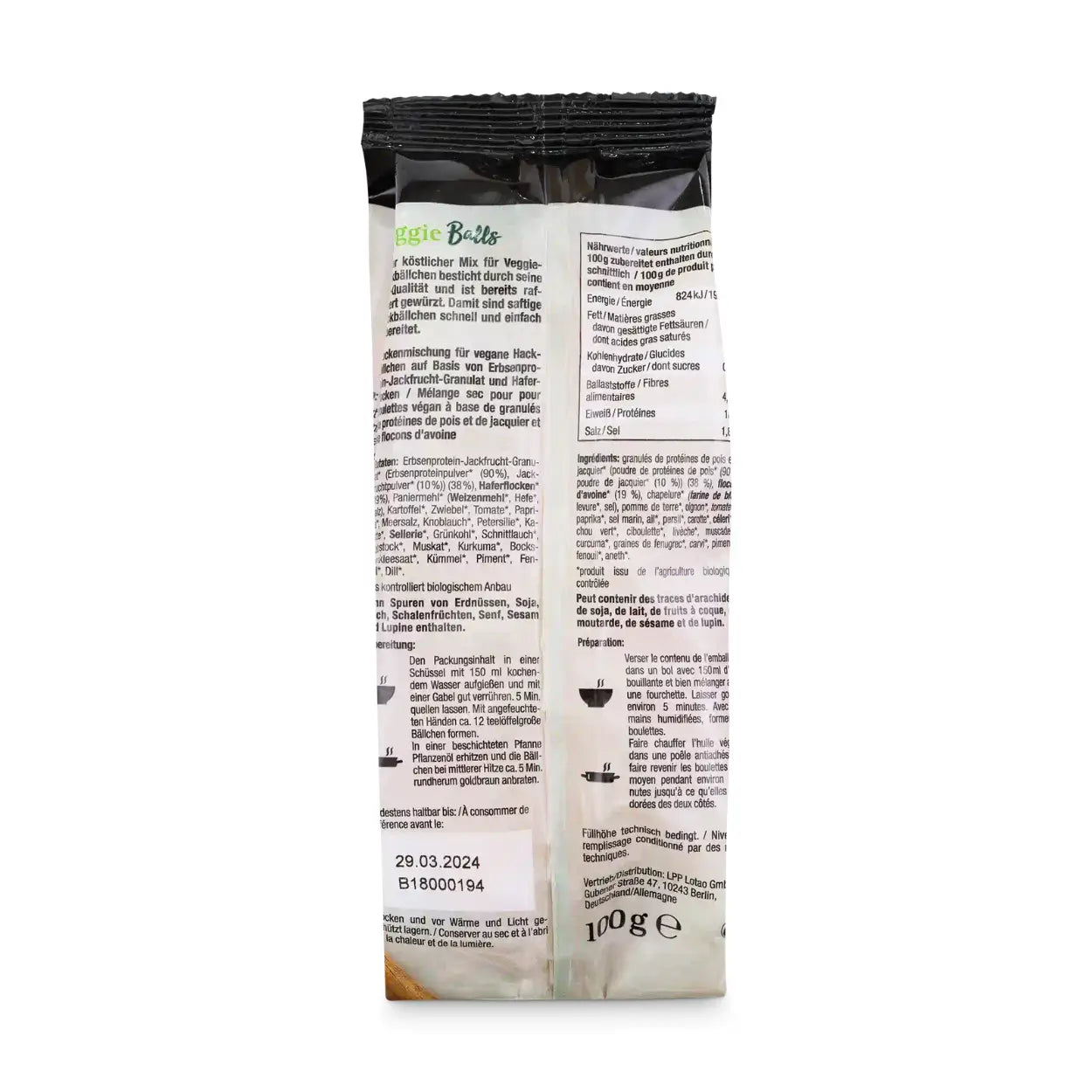 Rückseite der Lotao Veggie Balls Mix für vegane Hackbällchen. Der Mix ist bio und daher ohne Farb- und Konservierungsstoffe, er enthält viele Proteine und ist einfach und schnell zubereitet. 