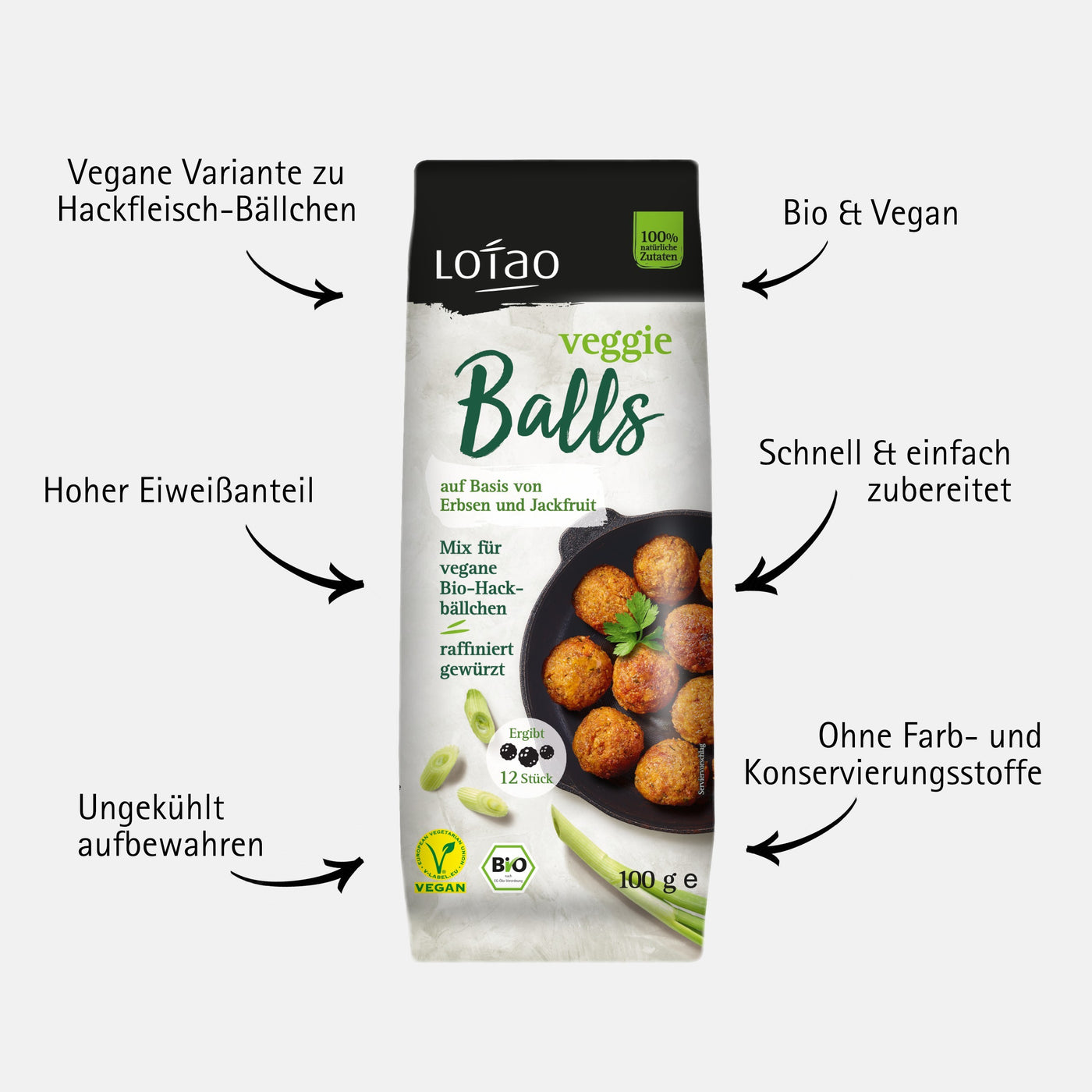 Lotao Veggie Balls Mix ist eine bio und vegane Variante zu Hackfleisch-Bällchen mit hohem Eiweißanteil, der schnell und einfach zubereitet wird, ungekühlt aufbewahrt werden kann und keine Farb- oder Konservierungsstoffe enthält