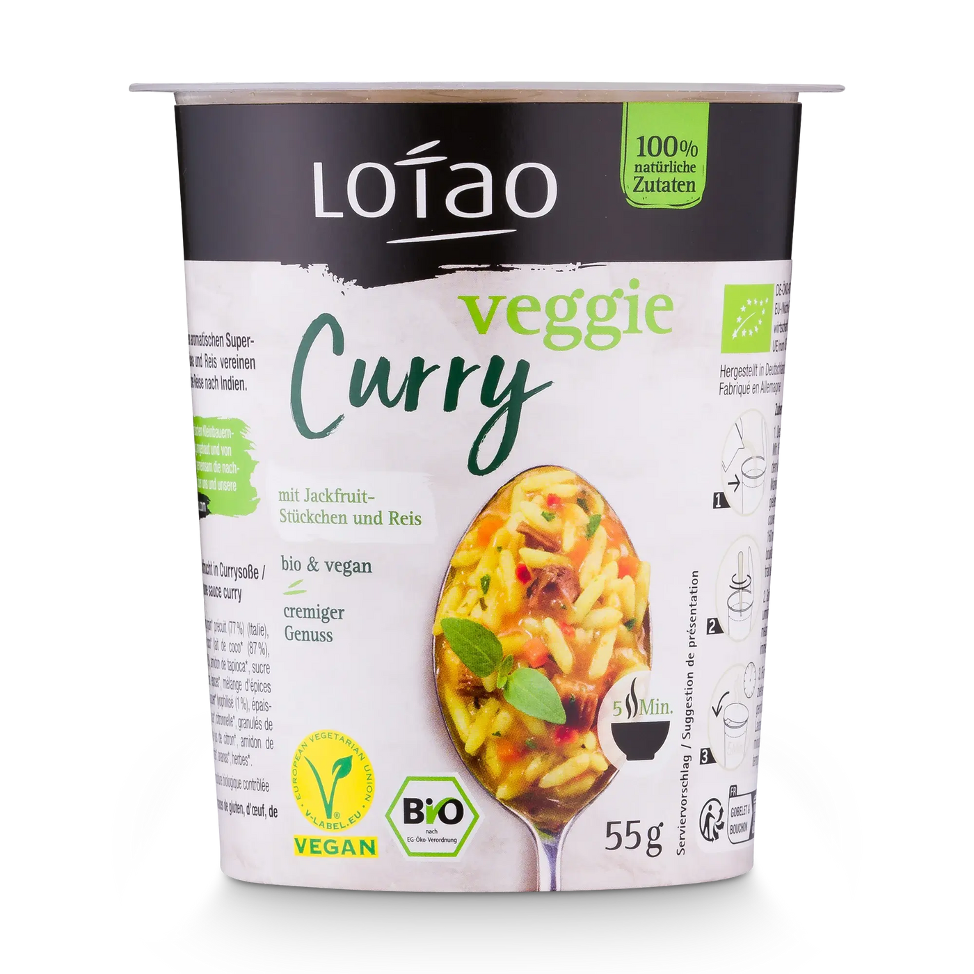 Lotao Veggie Curry mit veganen Bio Jackfruit-Stückchen und Reis ist vegan, bio und lecker