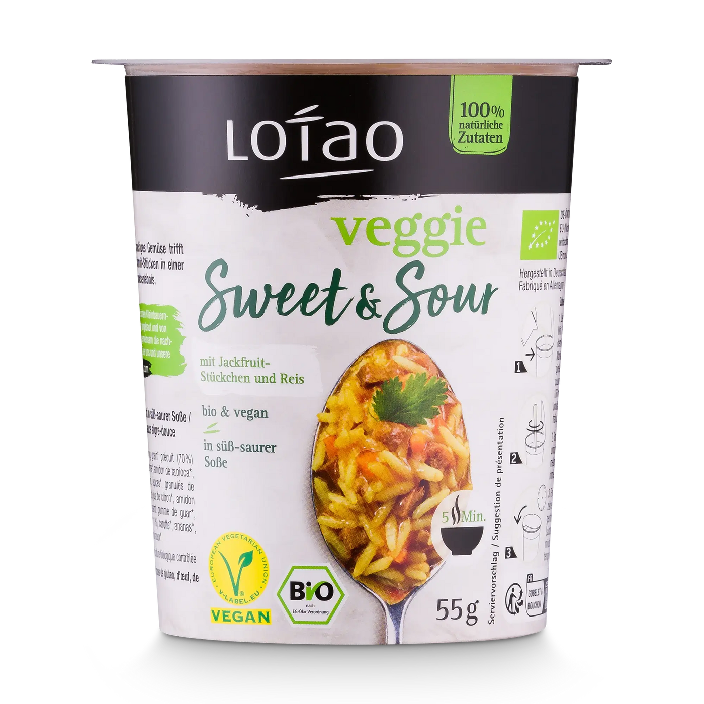 Bio-veganes Reisgericht von Lotao mit leckerer süß-sauer Soße, natürlichen Zutaten und ohne Geschmacksverstärker im Becher von vorne