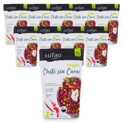 Packshot vom 10er Set der Lotao Veggie Chili sin Carne Bowl, einem bio-veganen Fertiggericht mit Lotao Veggie Hack, Kidneybohnen und Mais als vegane Bio-Mahlzeit