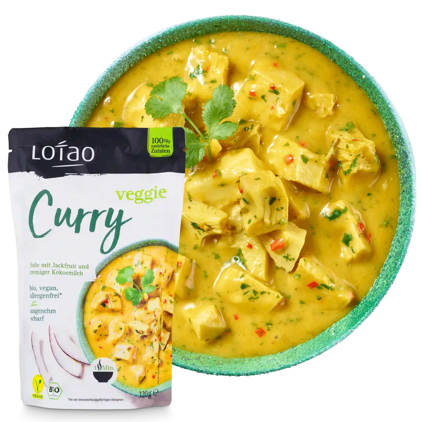 Bio-vegane Fertigsauce Veggie Curry Sosse von Lotao zubereitet auf Teller mit Packung