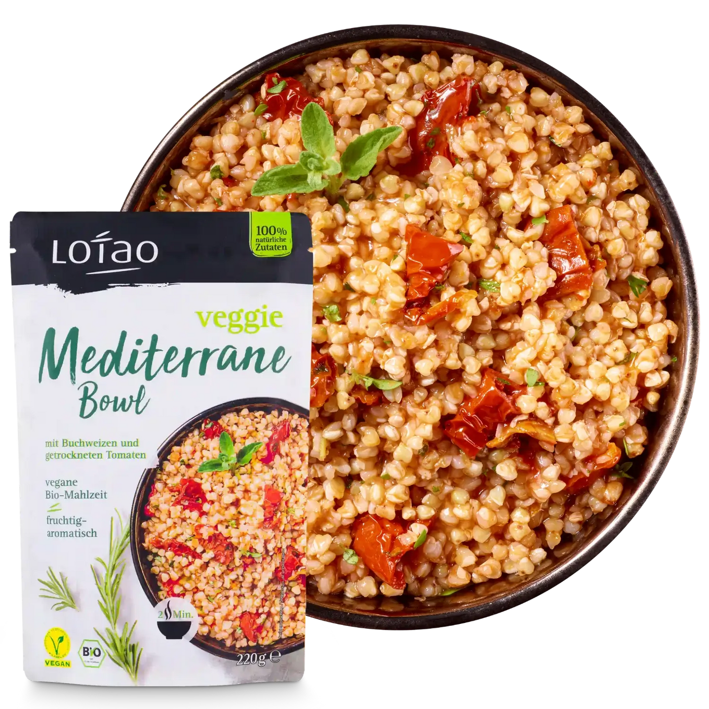 Bio-veganes Fertiggericht Veggie Mediterrane Bowl von Lotao zubereitet auf Teller mit Packung