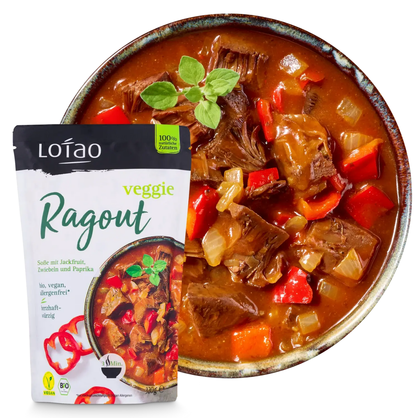 Bio-vegane Fertigsauce Veggie Ragout Sosse von Lotao zubereitet auf Teller mit Packung