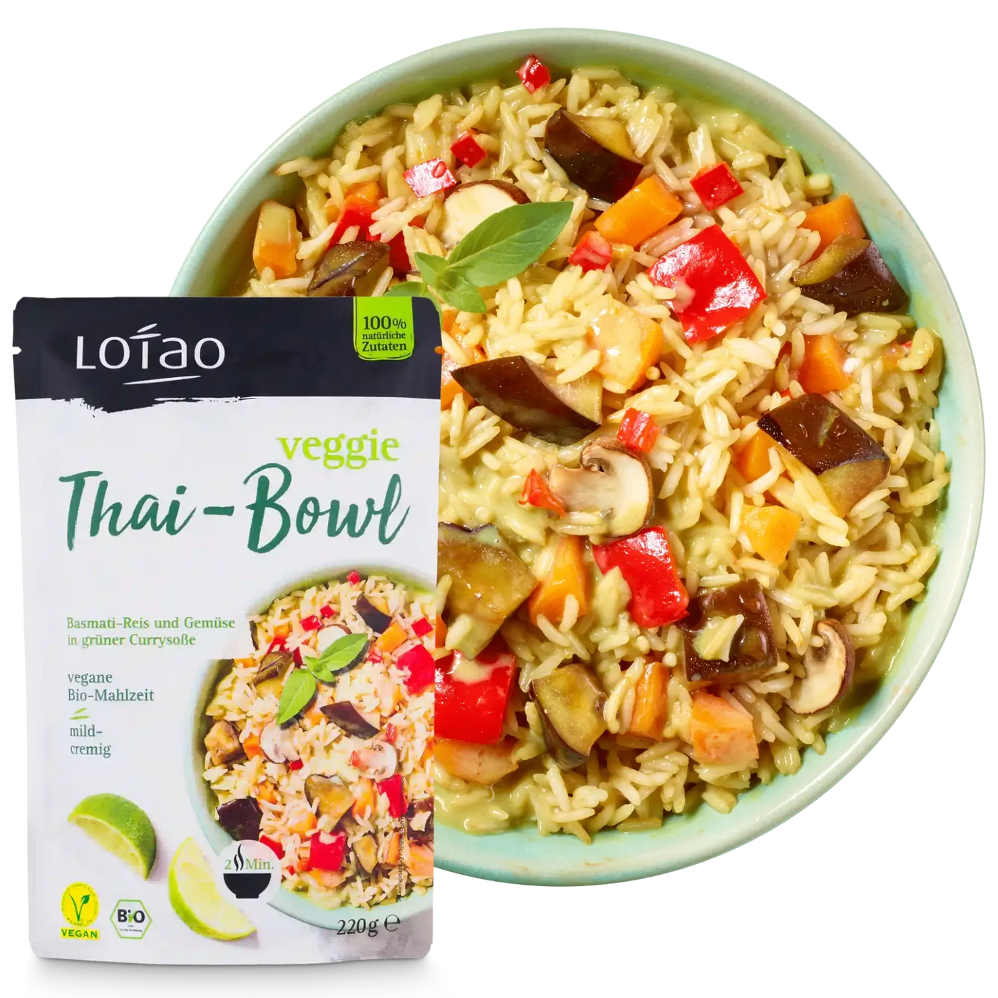 Bio-veganes Fertiggericht Veggie Thai Bowl von Lotao zubereitet auf Teller mit Packung